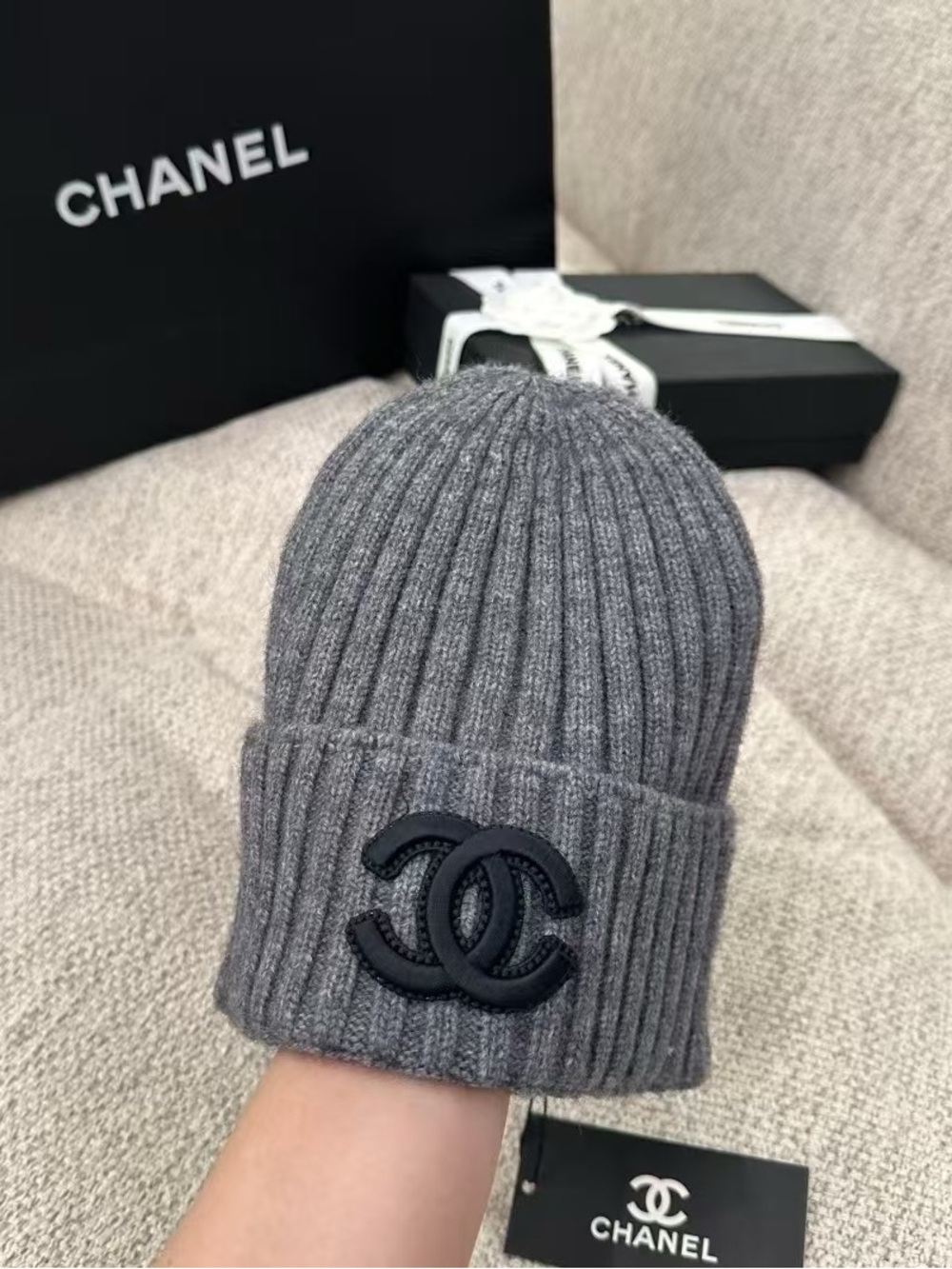 Chanell Gray Ribbed Logo Beanie Hats